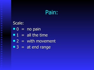 Pain: Scale: 0  =  no pain 1  =  all the time 2  =  with movement 3  =  at end range 