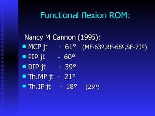 Functional flexion ROM: Nancy M Cannon (1995): MCP jt  -  61°  (MF-63º,RF-68º,SF-70º) PIP jt  -  60° DIP jt  -  39° Th.MP jt  -  21° Th.IP jt  -  18°  (25º) 