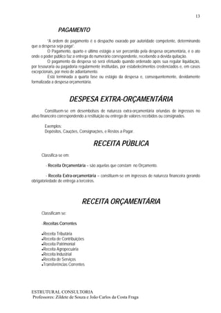13


               PAGAMENTO
         “A ordem de pagamento é o despacho exarado por autoridade competente, determinando
que a despesa seja paga”.
         O Pagamento, quarto e último estágio a ser percorrido pela despesa orçamentária, é o ato
onde o poder público faz a entrega do numerário correspondente, recebendo a devida quitação.
         O pagamento da despesa só será efetuado quando ordenado após sua regular liquidação,
por tesouraria ou pagadoria regularmente instituídas, por estabelecimentos credenciados e, em casos
excepcionais, por meio de adiantamento.
         Está terminada a quarta fase ou estágio da despesa e, consequentemente, devidamente
formalizada a despesa orçamentária.



                       DESPESA EXTRA-ORÇAMENTÁRIA
         Constituem-se em desembolsos de natureza extra-orçamentária oriundas de ingressos no
ativo financeiro correspondendo a restituição ou entrega de valores recebidos ou consignados.

       Exemplos:
       Depósitos, Cauções, Consignações, e Restos a Pagar.

                                    RECEITA PÚBLICA
     Classifica-se em:

        - Receita Orçamentária – são aquelas que constam no Orçamento.

         - Receita Extra-orçamentária – constituem-se em ingressos de natureza financeira gerando
obrigatoriedade de entrega a terceiros.



                             RECEITA ORÇAMENTÁRIA
     Classificam se:

     –Receitas Correntes

      Receita Tributária
      Receita de Contribuições
      Receita Patrimonial
      Receita Agropecuária
      Receita Industrial
      Receita de Serviços
      Transferências Correntes




ESTRUTURAL CONSULTORIA
Professores: Zildete de Souza e João Carlos da Costa Fraga
 