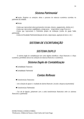 16



                                       Sistema Patrimonial
       Função: Registrar as variações ativas e passivas de natureza econômica ocorridas no
patrimônio da entidade.

       Divisão:

     –Contas que representam ativos permanentes (veículos, imóveis, equipamentos, direitos etc.).
     –Contas que representam exigibilidades a longo prazo (empréstimos Longo Prazo etc.)
     –Contas que representam o Patrimônio próprio da instituição (contas do grupo Saldo
patrimonial).
      –Contas de Resultado Patrimonial (doação de bens, depreciação, aquisição de bens e etc.)




                           SISTEMA DE ESCRITURAÇÃO

                                        SISTEMA DUPLO
      O sistema duplo de contabilização tem como objetivo identificar o fluxo financeiro e o fluxo
econômico, permitindo clareza nas variações de natureza financeira e econômicas.

                        Sistema Duplo de Contabilização
       Contabilidade Financeira

       Contabilidade Patrimonial

                                        Contas Reflexas
        Transferências Financeiras:

     – tem a função de apurar o resultado do sistema financeiro (receita e despesa orçamentária).

        Transferências Patrimoniais:

      – Faz elo de ligação, juntamente com a conta transferências financeiras entre os sistemas
financeiros e patrimonial.




ESTRUTURAL CONSULTORIA
Professores: Zildete de Souza e João Carlos da Costa Fraga
 