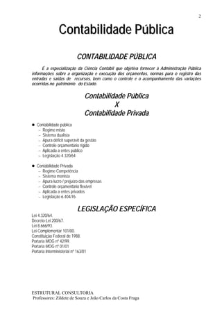 2


                 Contabilidade Pública
                            CONTABILIDADE PÚBLICA
      É a especialização da Ciência Contábil que objetiva fornecer à Administração Pública
informações sobre a organização e execução dos orçamentos, normas para o registro das
entradas e saídas de recursos, bem como o controle e o acompanhamento das variações
ocorridas no patrimônio do Estado.

                                 Contabilidade Pública
                                           X
                                 Contabilidade Privada
   Contabilidade pública
    – Regime misto
    – Sistema dualista
    – Apura déficit superávit da gestão
    – Controle orçamentário rígido
    – Aplicada a entes público
    – Legislação 4.320/64

   Contabilidade Privada
    – Regime Competência
    – Sistema monista
    – Apura lucro / prejuízo das empresas
    – Controle orçamentário flexível
    – Aplicada a entes privados
    – Legislação 6.404/76


                             LEGISLAÇÃO ESPECÍFICA
Lei 4.320/64.
Decreto-Lei 200/67.
Lei 8.666/93.
Lei Complementar 101/00.
Constituição Federal de 1988.
Portaria MOG nº 42/99.
Portaria MOG nº 01/01
Portaria Interministerial nº 163/01




ESTRUTURAL CONSULTORIA
Professores: Zildete de Souza e João Carlos da Costa Fraga
 