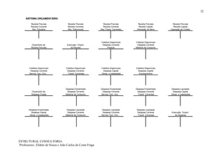 32

     SISTEMA ORÇAMENTÁRIO

         Receita Prevista            Receita Prevista          Receita Prevista        Receita Prevista      Receita Prevista
         Receita Corrente            Receita Corrente          Receita Corrente        Receita Capital        Receita Capital
          Rec.Tributária             Rec. Patrimonial        Rec.Transf. Correntes    Alienação de Bens     Operação de Crédito




                                                             Créditos Disponíveis    Créditos Disponíveis
          Orçamento da               Execução Orçam.          Despesa Corrente        Despesa Corrente
         Receita Prevista               da Receita                 Pessoal           Material de Consumo




        Créditos Disponíveis        Créditos Disponíveis     Créditos Disponíveis    Créditos Disponíveis
         Despesa Corrente            Despesa Corrente          Despesa Capital         Despesa Capital
        Serviço Terc. Enc.           Transf. Correntes       Obras e Instalações        Equipamentos




                                    Despesa Empenhada        Despesa Empenhada       Despesa Empenhada      Despesa Liquidada
          Orçamento da               Despesa Corrente         Despesa Corrente        Despesa Corrente       Despesa Capital
          Despesa Fixada            Material de Consumo      Serviço Terc. Enc.        Transf. Correntes    Obras e Instalações




       Despesa Empenhada             Despesa Liquidada       Despesa Liquidada        Despesa Liquidada
         Despesa Capital             Despesa Corrente         Despesa Corrente        Despesa Corrente      Execução Orçam.
        Obras e Instalações         Material de Consumo      Serviço Terc. Enc.        Transf. Correntes       da Despesa




ESTRUTURAL CONSULTORIA
Professores: Zildete de Souza e João Carlos da Costa Fraga
 
