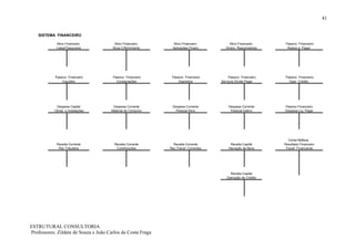 41


    SISTEMA FINANCEIRO

            Ativo Financeiro            Ativo Financeiro       Ativo Financeiro           Ativo Financeiro      Passivo Financeiro
            Caixa/Tesouraria           Bcos C/Movimento       Aplicações Financ.        Divers. Responsáveis     Restos a Pagar




            Passivo Financeiro         Passivo Financeiro     Passivo Financeiro         Passivo Financeiro     Passivo Financeiro
                Cauções                  Consignações             Depósitos          Serviços Divida Pagar        Oper. Crédito




            Despesa Capital            Despesa Corrente       Despesa Corrente           Despesa Corrente      Passivo Financeiro
           Obras e Instalações        Material de Consumo       Pessoal Ativo             Pessoal Inativo      Despesa Liq. Pagar




                                                                                                                  Conta Reflexa
            Receita Corrente            Receita Corrente       Receita Corrente           Receita Capital      Resultado Financeiro
             Rec.Tributária              Contribuições       Rec.Transf. Correntes       Alenação de Bens       Transf. Financeiras




                                                                                          Receita Capital
                                                                                        Operação de Crédito




ESTRUTURAL CONSULTORIA
Professores: Zildete de Souza e João Carlos da Costa Fraga
 