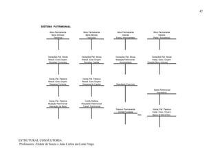 42



                 SISTEMA PATRIMONIAL

                        Ativo Permanente          Ativo Permanente       Ativo Permanente                  Ativo Permanente
                          Bens Imóveis               Bens Móveis              Valores                            Valores
                             Terrenos                  Veículos         Estoq. Almoxarifado                Partic. Societárias




                      Variações Pat. Ativas     Variações Pat. Ativas   Variações Pat. Ativas            Variações Pat. Ativas
                      Result. Exec.Orçam.       Result. Exec.Orçam.     Mutação Patrimonial               Indep. Exec. Orçam.
                       Receitas Correntes         Receitas Capital          Almoxarifado              Doação Bens Imóveis




                       Variaç.Pat. Passiva       Variaç.Pat. Passiva
                       Result. Exec.Orçam.       Result. Exec.Orçam.
                        Despesa Corrente         Despesa de Capital     Resultado Exercício

                                                                                                            Saldo Patrimonial
                                                                                                               Patrimônio



                      Variaç.Pat. Passiva          Conta Reflexa
                      Mutação Patrimonial       Resultado Patrimonial
                       Alienação de Bens         Transf. Patrimonial
                                                                        Passivo Permanente                 Variaç.Pat. Passiva
                                                                          Dívida Fundada                  Indep. Exec. Orçam.
                                                                                                SD)       Baixa de Bens Mov.




ESTRUTURAL CONSULTORIA
Professores: Zildete de Souza e João Carlos da Costa Fraga
 