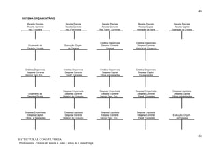 48

  SISTEMA ORÇAMENTÁRIO

       Receita Prevista             Receita Prevista           Receita Prevista        Receita Prevista      Receita Prevista
       Receita Corrente             Receita Corrente           Receita Corrente        Receita Capital        Receita Capital
        Rec.Tributária              Rec. Patrimonial         Rec.Transf. Correntes    Alienação de Bens     Operação de Crédito




                                                             Créditos Disponíveis    Créditos Disponíveis
       Orçamento da                Execução Orçam.            Despesa Corrente        Despesa Corrente
       Receita Prevista               da Receita                   Pessoal           Material de Consumo




     Créditos Disponíveis         Créditos Disponíveis       Créditos Disponíveis    Créditos Disponíveis
      Despesa Corrente             Despesa Corrente            Despesa Capital         Despesa Capital
     Serviço Terc. Enc.            Transf. Correntes         Obras e Instalações        Equipamentos




                                  Despesa Empenhada          Despesa Empenhada       Despesa Empenhada      Despesa Liquidada
       Orçamento da                Despesa Corrente           Despesa Corrente        Despesa Corrente       Despesa Capital
       Despesa Fixada             Material de Consumo        Serviço Terc. Enc.        Transf. Correntes    Obras e Instalações




     Despesa Empenhada             Despesa Liquidada         Despesa Liquidada        Despesa Liquidada
       Despesa Capital             Despesa Corrente           Despesa Corrente        Despesa Corrente      Execução Orçam.
      Obras e Instalações         Material de Consumo        Serviço Terc. Enc.        Transf. Correntes       da Despesa




                                                                                                                                  48
ESTRUTURAL CONSULTORIA
Professores: Zildete de Souza e João Carlos da Costa Fraga
 