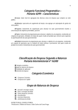 9


                         Categoria Funcional-Programática –
                           Portaria 42/99 – Características
           Função: maior nível de agregação das diversas áreas de despesa que compete ao setor
público.

        Subfunção: representa um seguimento da função, visa agregar um subconjunto de gastos do
setor público.

        Programa: instrumento de organização para alcançar da ação governamental visando a
concretização dos objetivos pretendidos, passível.

       Projeto: instrumento de programação para alcançar o objetivo de um programa, envolvendo um
conjunto de operações, limitadas no tempo das quais resulta um produto que concorre para expansão
ou aperfeiçoamento da ação governamental.

       Atividade:instrumento de programação para alcançar o objetivo de um programa, envolvendo
um conjunto de operações que se realizam de modo contínuo e permanente, das quais resulta um
produto necessário à manutenção da ação governamental.




                Classificação da Despesa Segundo a Natureza
                    Portaria Interministerial nº 163/00
           Categoria econômica
           grupo de natureza de despesa
           modalidade de aplicação
           elemento de despesa
                                      Categoria Econômica
            3 - Despesas Correntes
            4 - Despesas de Capital



                             Grupo de Natureza de Despesa
           1 - pessoal e encargos sociais
           2 - juros e encargos da dívida
           3 - outras despesas correntes
           4 - investimentos
           5 - inversões financeiras
           6 - amortização da dívida

ESTRUTURAL CONSULTORIA
Professores: Zildete de Souza e João Carlos da Costa Fraga
 