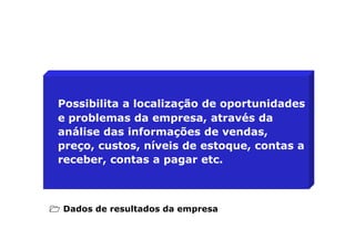 Possibilita a localização de oportunidades
e problemas da empresa, através da
análise das informações de vendas,análise das informações de vendas,
preço, custos, níveis de estoque, contas a
receber, contas a pagar etc.
Dados de resultados da empresa
 