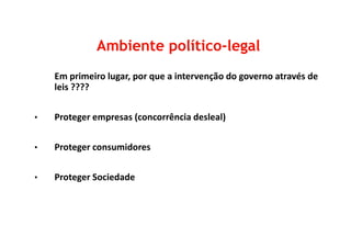 Em primeiro lugar, por que a intervenção do governo através de
leis ????
• Proteger empresas (concorrência desleal)
Ambiente políticoAmbiente político--legallegal
• Proteger consumidores
• Proteger Sociedade
 