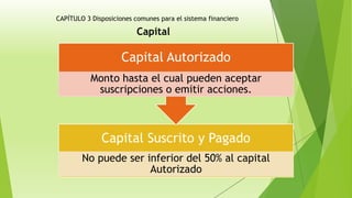 CAPÍTULO 3 Disposiciones comunes para el sistema financiero
Capital
Capital Suscrito y Pagado
No puede ser inferior del 50% al capital
Autorizado
Capital Autorizado
Monto hasta el cual pueden aceptar
suscripciones o emitir acciones.
 