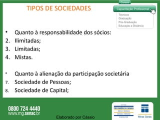TIPOS DE SOCIEDADES Quanto à responsabilidade dos sócios: Ilimitadas; Limitadas; Mistas. Quanto à alienação da participação societária Sociedade de Pessoas; Sociedade de Capital; Elaborado por Cássio  