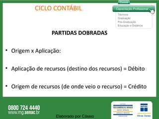 CICLO CONTÁBIL PARTIDAS DOBRADAS Origem x Aplicação:   Aplicação de recursos (destino dos recursos) = Débito Origem de recursos (de onde veio o recurso) = Crédito Elaborado por Cássio  