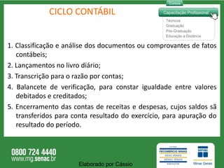 CICLO CONTÁBIL 1. Classificação e análise dos documentos ou comprovantes de fatos contábeis; 2. Lançamentos no livro diário; 3. Transcrição para o razão por contas; 4. Balancete de verificação, para constar igualdade entre valores debitados e creditados; 5. Encerramento das contas de receitas e despesas, cujos saldos sã transferidos para conta resultado do exercício, para apuração do resultado do período. Elaborado por Cássio  