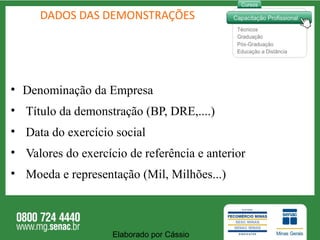 DADOS DAS DEMONSTRAÇÕES Denominação da Empresa Título da demonstração (BP, DRE,....) Data do exercício social Valores do exercício de referência e anterior Moeda e representação (Mil, Milhões...) Elaborado por Cássio  