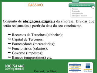 PASSIVO Conjunto de  obrigações exigíveis  da empresa. Dívidas que serão reclamadas a partir da data do seu vencimento.  Recursos de Terceiros (dinheiro) ; Capital de Terceiros ; Fornecedores (mercadorias) ; Funcionários (salários) ; Governo (impostos) ;   Bancos (empréstimos) etc.  Elaborado por Cássio  