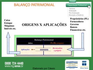 BALANÇO PATRIMONIAL Caixa Estoque Máquinas Imóveis etc. Proprietários (PL) Fornecedores Governo Bancos Financeiras etc. ORIGENS X APLICAÇÕES Elaborado por Cássio  Balanço Patrimonial Ativo P e PL  (origens)   Aplicações De terceiros e próprio $$$$$$$$ 