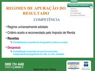 REGIMES DE APURAÇÃO DO RESULTADO COMPETÊNCIA Regime universalmente adotado Critério aceito e recomendado pelo Imposto de Renda Receitas Contabilizada no período em foi gerada (à vista ou a prazo) Despesas Contabilizada no período em que foi consumida, independente do pagamento ter sido, ou não, realizado   Elaborado por Cássio  