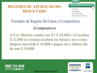 A Cia. Mineira vendeu em X1 $ 20.000 e só recebeu $ 12.000 (o restante receberá no futuro); teve como despesa incorrida $ 16.000 e pagou até o último dia do ano $ 10.000. Elaborado por Cássio  REGIMES DE APURAÇÃO DO RESULTADO Exemplo de Regime de Caixa e Competência (Comparativo) 