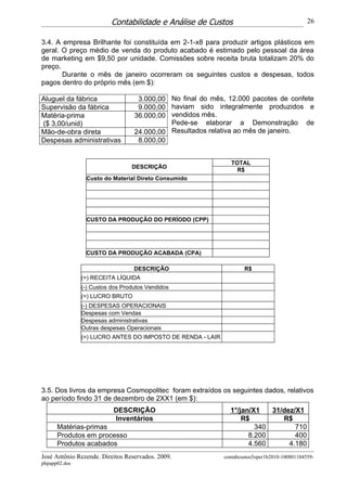 Contabilidade e Análise de Custos                                   26


3.4. A empresa Brilhante foi constituída em 2-1-x8 para produzir artigos plásticos em
geral. O preço médio de venda do produto acabado é estimado pelo pessoal da área
de marketing em $9,50 por unidade. Comissões sobre receita bruta totalizam 20% do
preço.
       Durante o mês de janeiro ocorreram os seguintes custos e despesas, todos
pagos dentro do próprio mês (em $):

Aluguel da fábrica                 3.000,00 No final do mês, 12.000 pacotes de confete
Supervisão da fábrica              9.000,00 haviam sido integralmente produzidos e
Matéria-prima                     36.000,00 vendidos mês.
($ 3,00/unid)                               Pede-se elaborar a Demonstração de
Mão-de-obra direta                24.000,00 Resultados relativa ao mês de janeiro.
Despesas administrativas           8.000,00


                                                              TOTAL
                                 DESCRIÇÃO
                                                                R$
                Custo do Material Direto Consumido




                CUSTO DA PRODUÇÃO DO PERÍODO (CPP)




                CUSTO DA PRODUÇÃO ACABADA (CPA)

                                  DESCRIÇÃO                         R$
               (=) RECEITA LÍQUIDA
               (-) Custos dos Produtos Vendidos
               (=) LUCRO BRUTO
               (-) DESPESAS OPERACIONAIS
               Despesas com Vendas
               Despesas administrativas
               Outras despesas Operacionais
               (=) LUCRO ANTES DO IMPOSTO DE RENDA - LAIR




3.5. Dos livros da empresa Cosmopolitec foram extraídos os seguintes dados, relativos
ao período findo 31 de dezembro de 2XX1 (em $):
                          DESCRIÇÃO                           1°/jan/X1   31/dez/X1
                          Inventários                             R$         R$
      Matérias-primas                                                 340        710
      Produtos em processo                                          8.200        400
      Produtos acabados                                             4.560      4.180
José Antônio Rezende. Direitos Reservados. 2009.            contabcustos5oper1b2010-100801184559-
phpapp02.doc
 