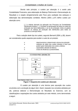 Contabilidade e Análise de Custos                                         31


                    Devido este princípio, o custeio por absorção é o aceito pela
Contabilidade Financeira, para elaboração do Balanço Patrimonial e Demonstração do
Resultado e o exigido obrigatoriamente pelo Fisco para avaliação dos estoques e
elaboração das demonstrações contábeis. Martins (2003, p.37) define custeio por
absorção como

                          [...] o método derivado da aplicação dos Princípios de Contabilidade
                          Geralmente Aceitos, [...]. Consiste na apropriação de todos os custos de
                          produção aos bens elaborados, e só os de produção; todos os gastos
                          relativos ao esforço de produção são distribuídos para todos os
                          produtos ou serviços feitos.

               Para a adoção deste tipo de custeio, segundo Bernardi (2004, p.38), devem
ser considerados quatro aspectos para avaliar o custo de um produto:

                          •                       relacionamento a determinado volume de produção;
                          •                       métodos de rateio dos custos indiretos e fixos que
                                                  podem gerar distorções nos custos unitários;
                          •                       capacidade utilizada da fábrica;
                          •                       níveis de eficiência e produtividade.


                                    CUSTEIO POR ABSORÇÃO

                                       Empresas de Manufatura
                     Despesas                 Custos


                                            Estoque de
                                            produtos
                                                              Demonstração de
                                                              Resultados
                                                              Receita
                                              Venda            CPV
                                                              Lucro Bruto
                                                               Despesas
                                                              Lucro Operacional

               Fonte: Martins, 2003, p.37
                         Figura 1: Esquema do custeio por absorção

                    O custeio por absorção é uma técnica para apuração dos custos
envolvidos com a produção de algum item. Assim, baseado nos conceitos adotados por
ele, pode-se elaborar a Demonstração do Resultado do Exercício, com as
classificações e separações dos custos adotados por este método, como demonstrado
a seguir:



José Antônio Rezende. Direitos Reservados. 2009.                      contabcustos5oper1b2010-100801184559-
phpapp02.doc
 
