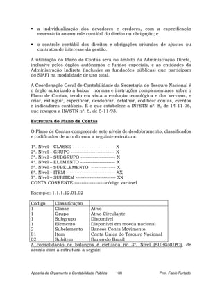 •   a individualização dos devedores e credores, com a especificação
    necessária ao controle contábil do direito ou obrigação; e

•   o controle contábil dos direitos e obrigações oriundos de ajustes ou
    contratos de interesse da gestão.

A utilização do Plano de Contas será no âmbito da Administração Direta,
inclusive pelos órgãos autônomos e fundos especiais, e as entidades da
Administração Indireta (inclusive as fundações públicas) que participam
do SIAFI na modalidade de uso total.

A Coordenação Geral de Contabilidade da Secretaria do Tesouro Nacional é
o órgão autorizado a baixar normas e instruções complementares sobre o
Plano de Contas, tendo em vista a evolução tecnológica e dos serviços, e
criar, extinguir, especificar, desdobrar, detalhar, codificar contas, eventos
e indicadores contábeis. É o que estabelece a IN/STN nº. 8, de 14-11-96,
que revogou a IN/STN nº. 8, de 5-11-93.

Estrutura do Plano de Contas

O Plano de Contas compreende sete níveis de desdobramento, classificados
e codificados de acordo com a seguinte estrutura:

1º. Nível – CLASSE -------------------------X
2º. Nível – GRUPO ------------------------- X
3º. Nível – SUBGRUPO -------------------- X
4º. Nível – ELEMENTO -------------------- X
5º. Nível – SUBELEMENTO -------------- X
6º. Nível – ITEM ---------------------------- XX
7º. Nível – SUBITEM ----------------------- XX
CONTA CORRENTE ------------------código variável

Exemplo: 1.1.1.12.01.02

Código    Classificação
1         Classe           Ativo
1         Grupo            Ativo Circulante
1         Subgrupo         Disponível
1         Elemento         Disponível em moeda nacional
2         Subelemento      Bancos Conta Movimento
01        Item             Conta Única do Tesouro Nacional
02        Subitem          Banco do Brasil
A consolidação de balanços é efetuada no 3º. Nível (SUBGRUPO), de
acordo com a estrutura a seguir:




Apostila de Orçamento e Contabilidade Pública   108          Prof. Fabio Furtado
 