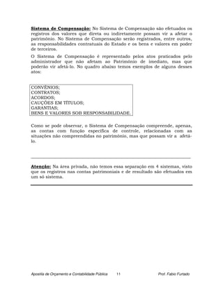 Sistema de Compensação: No Sistema de Compensação são efetuados os
registros dos valores que direta ou indiretamente possam vir a afetar o
patrimônio. No Sistema de Compensação serão registrados, entre outros,
as responsabilidades contratuais do Estado e os bens e valores em poder
de terceiros.
O Sistema de Compensação é representado pelos atos praticados pelo
administrador que não afetam ao Patrimônio de imediato, mas que
poderão vir afetá-lo. No quadro abaixo temos exemplos de alguns desses
atos:


CONVÊNIOS;
CONTRATOS;
ACORDOS;
CAUÇÕES EM TÍTULOS;
GARANTIAS;
BENS E VALORES SOB RESPONSABILIDADE.

Como se pode observar, o Sistema de Compensação compreende, apenas,
as contas com função específica de controle, relacionadas com as
situações não compreendidas no patrimônio, mas que possam vir a afetá-
lo.


_________________________________________________________________________

Atenção: Na área privada, não temos essa separação em 4 sistemas, visto
que os registros nas contas patrimoniais e de resultado são efetuados em
um só sistema.




Apostila de Orçamento e Contabilidade Pública   11        Prof. Fabio Furtado
 