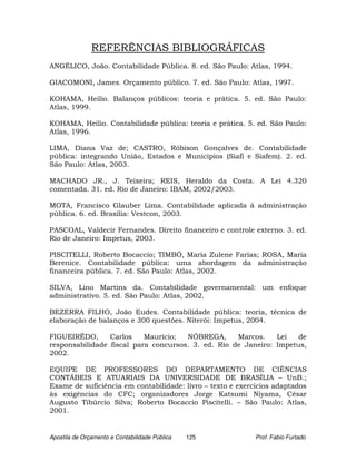REFERÊNCIAS BIBLIOGRÁFICAS
ANGÉLICO, João. Contabilidade Pública. 8. ed. São Paulo: Atlas, 1994.

GIACOMONI, James. Orçamento público. 7. ed. São Paulo: Atlas, 1997.

KOHAMA, Heilio. Balanços públicos: teoria e prática. 5. ed. São Paulo:
Atlas, 1999.

KOHAMA, Heilio. Contabilidade pública: teoria e prática. 5. ed. São Paulo:
Atlas, 1996.

LIMA, Diana Vaz de; CASTRO, Róbison Gonçalves de. Contabilidade
pública: integrando União, Estados e Municípios (Siafi e Siafem). 2. ed.
São Paulo: Atlas, 2003.

MACHADO JR., J. Teixeira; REIS, Heraldo da Costa. A Lei 4.320
comentada. 31. ed. Rio de Janeiro: IBAM, 2002/2003.

MOTA, Francisco Glauber Lima. Contabilidade aplicada á administração
pública. 6. ed. Brasília: Vestcon, 2003.

PASCOAL, Valdecir Fernandes. Direito financeiro e controle externo. 3. ed.
Rio de Janeiro: Impetus, 2003.

PISCITELLI, Roberto Bocaccio; TIMBÓ, Maria Zulene Farias; ROSA, Maria
Berenice. Contabilidade pública: uma abordagem da administração
financeira pública. 7. ed. São Paulo: Atlas, 2002.

SILVA, Lino Martins da. Contabilidade governamental: um enfoque
administrativo. 5. ed. São Paulo: Atlas, 2002.

BEZERRA FILHO, João Eudes. Contabilidade pública: teoria, técnica de
elaboração de balanços e 300 questões. Niterói: Impetus, 2004.

FIGUEIRÊDO,      Carlos    Maurício;  NÓBREGA,      Marcos.    Lei   de
responsabilidade fiscal para concursos. 3. ed. Rio de Janeiro: Impetus,
2002.

EQUIPE DE PROFESSORES DO DEPARTAMENTO DE CIÊNCIAS
CONTÁBEIS E ATUARIAIS DA UNIVERSIDADE DE BRASÍLIA – UnB.;
Exame de suficiência em contabilidade: livro – texto e exercícios adaptados
às exigências do CFC; organizadores Jorge Katsumi Niyama, César
Augusto Tibúrcio Silva; Roberto Bocaccio Piscitelli. – São Paulo: Atlas,
2001.


Apostila de Orçamento e Contabilidade Pública   125         Prof. Fabio Furtado
 