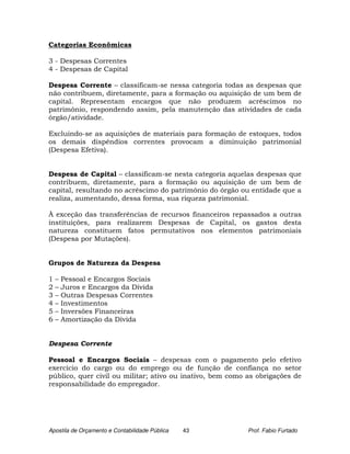Categorias Econômicas

3 - Despesas Correntes
4 - Despesas de Capital

Despesa Corrente – classificam-se nessa categoria todas as despesas que
não contribuem, diretamente, para a formação ou aquisição de um bem de
capital. Representam encargos que não produzem acréscimos no
patrimônio, respondendo assim, pela manutenção das atividades de cada
órgão/atividade.

Excluindo-se as aquisições de materiais para formação de estoques, todos
os demais dispêndios correntes provocam a diminuição patrimonial
(Despesa Efetiva).


Despesa de Capital – classificam-se nesta categoria aquelas despesas que
contribuem, diretamente, para a formação ou aquisição de um bem de
capital, resultando no acréscimo do patrimônio do órgão ou entidade que a
realiza, aumentando, dessa forma, sua riqueza patrimonial.

À exceção das transferências de recursos financeiros repassados a outras
instituições, para realizarem Despesas de Capital, os gastos desta
natureza constituem fatos permutativos nos elementos patrimoniais
(Despesa por Mutações).


Grupos de Natureza da Despesa

1   –   Pessoal e Encargos Sociais
2   –   Juros e Encargos da Dívida
3   –   Outras Despesas Correntes
4   –   Investimentos
5   –   Inversões Financeiras
6   –   Amortização da Dívida


Despesa Corrente

Pessoal e Encargos Sociais – despesas com o pagamento pelo efetivo
exercício do cargo ou do emprego ou de função de confiança no setor
público, quer civil ou militar; ativo ou inativo, bem como as obrigações de
responsabilidade do empregador.




Apostila de Orçamento e Contabilidade Pública   43         Prof. Fabio Furtado
 