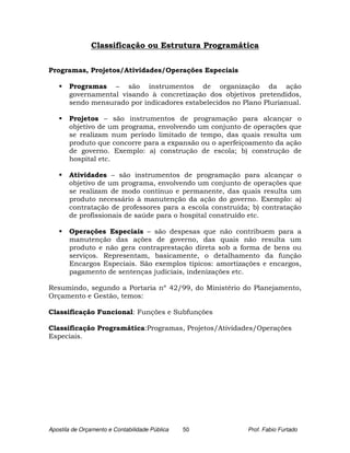 Classificação ou Estrutura Programática


Programas, Projetos/Atividades/Operações Especiais

       Programas – são instrumentos de organização da ação
       governamental visando à concretização dos objetivos pretendidos,
       sendo mensurado por indicadores estabelecidos no Plano Plurianual.

       Projetos – são instrumentos de programação para alcançar o
       objetivo de um programa, envolvendo um conjunto de operações que
       se realizam num período limitado de tempo, das quais resulta um
       produto que concorre para a expansão ou o aperfeiçoamento da ação
       de governo. Exemplo: a) construção de escola; b) construção de
       hospital etc.

       Atividades – são instrumentos de programação para alcançar o
       objetivo de um programa, envolvendo um conjunto de operações que
       se realizam de modo contínuo e permanente, das quais resulta um
       produto necessário à manutenção da ação do governo. Exemplo: a)
       contratação de professores para a escola construída; b) contratação
       de profissionais de saúde para o hospital construído etc.

       Operações Especiais – são despesas que não contribuem para a
       manutenção das ações de governo, das quais não resulta um
       produto e não gera contraprestação direta sob a forma de bens ou
       serviços. Representam, basicamente, o detalhamento da função
       Encargos Especiais. São exemplos típicos: amortizações e encargos,
       pagamento de sentenças judiciais, indenizações etc.

Resumindo, segundo a Portaria nº 42/99, do Ministério do Planejamento,
Orçamento e Gestão, temos:

Classificação Funcional: Funções e Subfunções

Classificação Programática:Programas, Projetos/Atividades/Operações
Especiais.




Apostila de Orçamento e Contabilidade Pública   50        Prof. Fabio Furtado
 