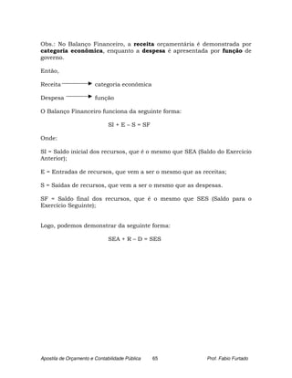 Obs.: No Balanço Financeiro, a receita orçamentária é demonstrada por
categoria econômica, enquanto a despesa é apresentada por função de
governo.

Então,

Receita                 categoria econômica

Despesa                 função

O Balanço Financeiro funciona da seguinte forma:

                              SI + E – S = SF

Onde:

SI = Saldo inicial dos recursos, que é o mesmo que SEA (Saldo do Exercício
Anterior);

E = Entradas de recursos, que vem a ser o mesmo que as receitas;

S = Saídas de recursos, que vem a ser o mesmo que as despesas.

SF = Saldo final dos recursos, que é o mesmo que SES (Saldo para o
Exercício Seguinte);


Logo, podemos demonstrar da seguinte forma:

                              SEA + R – D = SES




Apostila de Orçamento e Contabilidade Pública   65        Prof. Fabio Furtado
 
