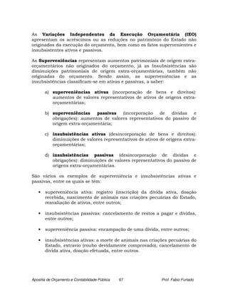 As Variações Independentes da Execução Orçamentária (IEO)
apresentam os acréscimos ou as reduções no patrimônio do Estado não
originados da execução do orçamento, bem como os fatos supervenientes e
insubsistentes ativos e passivos.

As Superveniências representam aumentos patrimoniais de origem extra-
orçamentários não originados do orçamento, já as Insubsistências são
diminuições patrimoniais de origem extra-orçamentárias, também não
originadas do orçamento. Sendo assim, as superveniências e as
insubsistências classificam-se em ativas e passivas, a saber:

       a) superveniências ativas (incorporação de bens e direitos):
          aumentos de valores representativos de ativos de origens extra-
          orçamentárias;

       b) superveniências    passivas   (incorporação    de  dívidas   e
          obrigações): aumentos de valores representativos do passivo de
          origem extra-orçamentária;

       c) insubsistências ativas (desincorporação de bens e direitos):
          diminuições de valores representativos de ativos de origens extra-
          orçamentárias;

       d) insubsistências passivas (desincorporação de dívidas e
          obrigações): diminuições de valores representativos do passivo de
          origens extra-orçamentárias.

São vários os exemplos de superveniência e insubsistências ativas e
passivas, entre os quais se têm:

   •   superveniência ativa: registro (inscrição) da dívida ativa, doação
       recebida, nascimento de animais nas criações pecuárias do Estado,
       reavaliação de ativos, entre outros;

   •   insubsistências passivas: cancelamento de restos a pagar e dívidas,
       entre outros;

   •   superveniência passiva: encampação de uma dívida, entre outros;

   •   insubsistências ativas: a morte de animais nas criações pecuárias do
       Estado, extravio (roubo devidamente comprovado), cancelamento de
       dívida ativa, doação efetuada, entre outros.




Apostila de Orçamento e Contabilidade Pública   67          Prof. Fabio Furtado
 