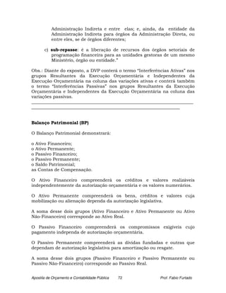 Administração Indireta e entre elas; e, ainda, da entidade da
           Administração Indireta para órgãos da Administração Direta, ou
           entre eles, se de órgãos diferentes;

       c) sub-repasse: é a liberação de recursos dos órgãos setoriais de
          programação financeira para as unidades gestoras de um mesmo
          Ministério, órgão ou entidade.”

Obs.: Diante do exposto, a DVP conterá o termo “Interferências Ativas” nos
grupos Resultantes da Execução Orçamentária e Independentes da
Execução Orçamentária na coluna das variações ativas e conterá também
o termo “Interferências Passivas” nos grupos Resultantes da Execução
Orçamentária e Independentes da Execução Orçamentária na coluna das
variações passivas.
_________________________________________________________________________
___________________________________________________________________


Balanço Patrimonial (BP)

O Balanço Patrimonial demonstrará:

o Ativo Financeiro;
o Ativo Permanente;
o Passivo Financeiro;
o Passivo Permanente;
o Saldo Patrimonial;
as Contas de Compensação.

O Ativo Financeiro compreenderá os créditos e valores realizáveis
independentemente da autorização orçamentária e os valores numerários.

O Ativo Permanente compreenderá os bens, créditos e valores cuja
mobilização ou alienação dependa da autorização legislativa.

A soma desse dois grupos (Ativo Financeiro e Ativo Permanente ou Ativo
Não-Financeiro) corresponde ao Ativo Real.

O Passivo Financeiro compreenderá os compromissos exigíveis cujo
pagamento independa de autorização orçamentária.

O Passivo Permanente compreenderá as dívidas fundadas e outras que
dependam de autorização legislativa para amortização ou resgate.

A soma desse dois grupos (Passivo Financeiro e Passivo Permanente ou
Passivo Não-Financeiro) corresponde ao Passivo Real.


Apostila de Orçamento e Contabilidade Pública   72        Prof. Fabio Furtado
 