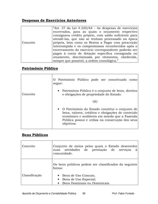 Despesas de Exercícios Anteriores

                         “Art. 37 da Lei 4.320/64 - As despesas de exercícios
                         encerrados, para as quais o orçamento respectivo
                         consignava crédito próprio, com saldo suficiente para
                         atendê-las, que não se tenham processado na época
Conceito                 própria, bem como os Restos a Pagar com prescrição
                         interrompida e os compromissos reconhecidos após o
                         encerramento do exercício correspondente poderão ser
                         pagos à conta de dotação específica consignada no
                         orçamento, discriminada por elementos, obedecida,
                         sempre que possível, a ordem cronológica.”

Patrimônio Público


                         O Patrimônio Público pode ser conceituado como
                         segue:

                             •   Patrimônio Público é o conjunto de bens, direitos
Conceito                         e obrigações de propriedade do Estado.

                                                     OU

                             •   O Patrimônio do Estado constitui o conjunto de
                                 bens, valores, créditos e obrigações de conteúdo
                                 econômico e avaliáveis em moeda que a Fazenda
                                 Pública possui e utiliza na consecução dos seus
                                 objetivos.


Bens Públicos


Conceito                 Conjunto de meios pelos quais o Estado desenvolve
                         suas atividades de prestação de serviços à
                         comunidade.


                         Os bens públicos podem ser classificados da seguinte
                         forma:

Classificação                •   Bens de Uso Comum;
                             •   Bens de Uso Especial;
                             •   Bens Dominiais ou Dominicais.


Apostila de Orçamento e Contabilidade Pública   92               Prof. Fabio Furtado
 