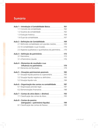 e-Tec Brasil
Sumário
Aula 1 – Introdução à Contabilidade Básica	 161
1.1 Conceito de contabilidade	 162
1.2 Usuários da contabilidade	 162
1.3 Evolução histórica	 164
1.4 O pai da contabilidade	 167
Aula 2 - Definições de Contabilidade	 169
2.1 Definindo contabilidade com grandes mestres	 169
2.2 A Contabilidade e suas funções	 170
2.3 Aspectos qualitativos e quantitativos do patrimônio	 170
Aula 3 – Definição de patrimônio	 173
3.1 Patrimônio	 173
3.1.4 Patrimônio Líquido 	 176
Aula 4 – Elementos de resultado e sua
influência no patrimônio	 179
4.1 Elementos de Resultado	 179
Aula 5 – Situações patrimoniais possíveis 	 183
5.1 Situação líquida positiva ou superavitária 	 183
5.2 Situação líquida negativa ou deficitária 	 183
5.3 Situação líquida nula 	 184
Aula 6 – Organização das contas na contabilidade	 187
6.1 Organização previsão legal	 187
6.2 Demonstrações financeiras 	 188
Aula 7 – Contas do ativo (bens + direitos)	 193
7.1 Classificação das contas do Ativo	 193
Aula 8 – Contas do passivo
(obrigações + patrimônio líquido)	 199
8.1 Classificação das contas do Passivo	 199
 