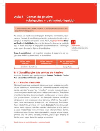 e-Tec Brasil
Aula 8 – Contas do passivo
(obrigações + patrimônio líquido)
O nosso objetivo nesta aula é conhecer a classificação das contas do gru-
po patrimonial do passivo.
No passivo, são registradas as obrigações da empresa com terceiros, tecni-
camente chamada de exigibilidades e também o patrimônio líquido, que é a
obrigação da empresa com os seus sócios. Assim, no jargão técnico Exigí-
vel Total ou Exigibilidades é a soma das obrigações da empresa, incluindo
aqui as dívidas de curto e de longo prazo. Recomenda-se que a classificação
siga a ordem decrescente do grau de exigibilidade.
Grau de exigibilidade – diz respeito à prioridade de pagamento por exi-
gência de terceiros que tem direito ao recebimento.
Vai ser pago
este ano
Vai ser pago no
próximo ano
Vai ser pago após o
próximo ano
Circulante – Curto Prazo Longo Prazo
8.1 Classificação das contas do Passivo
As contas do passivo são classificadas como: Passivo Circulante, Passivo
Não Circulante e Patrimônio Líquido.
8.1.1 Passivo Circulante
São classificadas neste grupo as obrigações que devem ser pagas ou recolhi-
das até o término do próximo exercício. Geralmente aparecem acompanha-
das da expressão “a pagar” ou “a recolher”, e muitas vezes sendo esta a
única distinção da despesa que possui o mesmo nome de conta. É de grande
importância na análise das demonstrações contábeis, pois se trata de valores
com grande influência no fluxo de caixa da empresa. Falta de controle nas
obrigações de curto prazo podem levar a empresa à falência. Aqui, as prin-
cipais contas são referentes a obrigações com fornecedores, funcionários,
fiscais e trabalhistas, provisões, entre outras. Exemplo: fornecedores, dupli-
catas a pagar, impostos a recolher, encargos trabalhistas a recolher, salários
a pagar, empréstimos e financiamentos a pagar, adiantamento de clientes,
dividendos a pagar, títulos a pagar, energia elétrica a pagar, aluguel a pagar,
provisão para 13º salário, provisão para férias, provisão para Imposto de
Renda, juros a pagar, dividendos a pagar, entre outras.
Jargão técnico
Linguagem característica de um
grupo profissional, neste caso os
contabilistas.
e-Tec Brasil
Aula 8 – Contas do passivo (obrigações + patrimônio líquido) 199
 