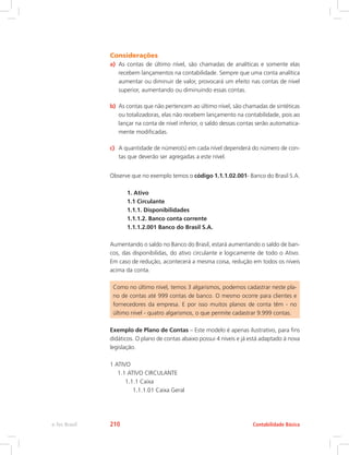 Considerações
a)	 As contas de último nível, são chamadas de analíticas e somente elas
recebem lançamentos na contabilidade. Sempre que uma conta analítica
aumentar ou diminuir de valor, provocará um efeito nas contas de nível
superior, aumentando ou diminuindo essas contas.
b)	 As contas que não pertencem ao último nível, são chamadas de sintéticas
ou totalizadoras, elas não recebem lançamento na contabilidade, pois ao
lançar na conta de nível inferior, o saldo dessas contas serão automatica-
mente modificadas.
c)	 A quantidade de número(s) em cada nível dependerá do número de con-
tas que deverão ser agregadas a este nível.
Observe que no exemplo temos o código 1.1.1.02.001- Banco do Brasil S.A.
	 1. Ativo
	 1.1 Circulante
	 1.1.1. Disponibilidades
	 1.1.1.2. Banco conta corrente
	 1.1.1.2.001 Banco do Brasil S.A.
Aumentando o saldo no Banco do Brasil, estará aumentando o saldo de ban-
cos, das disponibilidas, do ativo circulante e logicamente de todo o Ativo.
Em caso de redução, acontecerá a mesma coisa, redução em todos os níveis
acima da conta.
Como no último nível, temos 3 algarismos, podemos cadastrar neste pla-
no de contas até 999 contas de banco. O mesmo ocorre para clientes e
fornecedores da empresa. E por isso muitos planos de conta têm - no
último nível - quatro algarismos, o que permite cadastrar 9.999 contas.
Exemplo de Plano de Contas – Este modelo é apenas ilustrativo, para fins
didáticos. O plano de contas abaixo possui 4 níveis e já está adaptado à nova
legislação.
1 ATIVO
1.1 ATIVO CIRCULANTE
1.1.1 Caixa
1.1.1.01 Caixa Geral
Contabilidade Básica
e-Tec Brasil 210
 