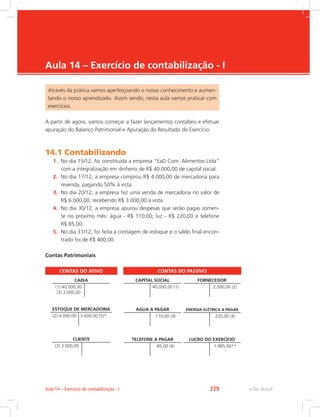 e-Tec Brasil
Aula 14 – Exercício de contabilização - I
Através da prática vamos aperfeiçoando o nosso conhecimento e aumen-
tando o nosso aprendizado. Assim sendo, nesta aula vamos praticar com
exercícios.
A partir de agora, vamos começar a fazer lançamentos contábeis e efetuar
apuração do Balanço Patrimonial e Apuração do Resultado do Exercício.
14.1 Contabilizando
1.	 No dia 15/12, foi constituída a empresa “EaD Com. Alimentos Ltda”
com a integralização em dinheiro de R$ 40.000,00 de capital social.
2.	 No dia 17/12, a empresa comprou R$ 4.000,00 de mercadoria para
revenda, pagando 50% à vista.
3.	 No dia 20/12, a empresa fez uma venda de mercadoria no valor de
R$ 6.000,00, recebendo R$ 3.000,00 à vista.
4.	 No dia 30/12, a empresa apurou despesas que serão pagas somen-
te no próximo mês: água - R$ 110,00; luz - R$ 220,00 e telefone
R$ 85,00;
5.	 No dia 31/12, foi feita a contagem de estoque e o saldo final encon-
trado foi de R$ 400,00.
Contas Patrimoniais
CONTAS DO ATIVO CONTAS DO PASSIVO
CAIXA
(1) 40.000,00
(3) 3.000,00
ESTOQUE DE MERCADORIA
(2) 4.000,00 3.600,00 (5)*
CLIENTE
(3) 3.000,00
CAPITAL SOCIAL
40.000,00 (1)
FORNECEDOR
2.000,00 (2)
ÁGUA A PAGAR
110,00 (4)
ENERGIA ELÉTRICA A PAGAR
220,00 (4)
TELEFONE A PAGAR
85,00 (4)
LUCRO DO EXERCÍCIO
1.985,00**
e-Tec Brasil
Aula 14 – Exercício de contabilização - I 229
 
