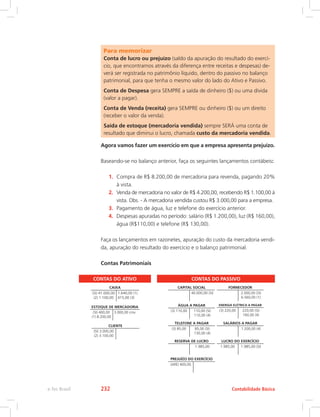 Para memorizar
Conta de lucro ou prejuízo (saldo da apuração do resultado do exercí-
cio, que encontramos através da diferença entre receitas e despesas) de-
verá ser registrada no patrimônio líquido, dentro do passivo no balanço
patrimonial, para que tenha o mesmo valor do lado do Ativo e Passivo.
Conta de Despesa gera SEMPRE a saída de dinheiro ($) ou uma dívida
(valor a pagar).
Conta de Venda (receita) gera SEMPRE ou dinheiro ($) ou um direito
(receber o valor da venda).
Saída de estoque (mercadoria vendida) sempre SERÁ uma conta de
resultado que diminui o lucro, chamada custo da mercadoria vendida.
Agora vamos fazer um exercício em que a empresa apresenta prejuízo.
Baseando-se no balanço anterior, faça os seguintes lançamentos contábeis:
1.	 Compra de R$ 8.200,00 de mercadoria para revenda, pagando 20%
à vista.
2.	 Venda de mercadoria no valor de R$ 4.200,00, recebendo R$ 1.100,00 à
vista. Obs. - A mercadoria vendida custou R$ 3.000,00 para a empresa.
3.	 Pagamento de água, luz e telefone do exercício anterior.
4.	 Despesas apuradas no período: salário (R$ 1.200,00), luz (R$ 160,00),
água (R$110,00) e telefone (R$ 130,00).
Faça os lançamentos em razonetes, apuração do custo da mercadoria vendi-
da, apuração do resultado do exercício e o balanço patrimonial.
Contas Patrimoniais
CONTAS DO ATIVO CONTAS DO PASSIVO
CAIXA
(SI) 41.000,00
(2) 1.100,00
1.640,00 (1)
415,00 (3)
ESTOQUE DE MERCADORIA
(SI) 400,00
(1) 8.200,00
3.000,00 cmv
CLIENTE
(SI) 3.000,00
(2) 3.100,00
CAPITAL SOCIAL
40.000,00 (SI)
FORNECEDOR
2.000,00 (SI)
6.560,00 (1)
ÁGUA A PAGAR
(3) 110,00 110,00 (SI)
110,00 (4)
ENERGIA ELÉTRICA A PAGAR
(3) 220,00 220,00 (SI)
160,00 (4)
TELEFONE A PAGAR
(3) 85,00 85,00 (SI)
130,00 (4)
RESERVA DE LUCRO
1.985,00
PREJUÍZO DO EXERCÍCIO
(ARE) 400,00
SALÁRIOS A PAGAR
1.200,00 (4)
LUCRO DO EXERCÍCIO
1.985,00 1.985,00 (SI)
Contabilidade Básica
e-Tec Brasil 232
 