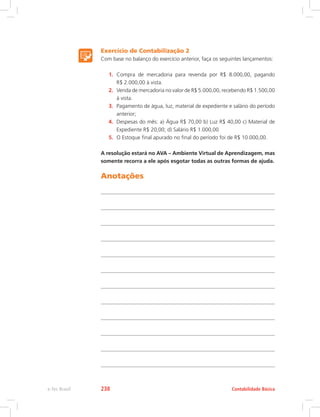 Exercício de Contabilização 2
Com base no balanço do exercício anterior, faça os seguintes lançamentos:
1.	 Compra de mercadoria para revenda por R$ 8.000,00, pagando
R$ 2.000,00 à vista.
2.	 Venda de mercadoria no valor de R$ 5.000,00, recebendo R$ 1.500,00
à vista.
3.	 Pagamento de água, luz, material de expediente e salário do período
anterior;
4.	 Despesas do mês: a) Água R$ 70,00 b) Luz R$ 40,00 c) Material de
Expediente R$ 20,00; d) Salário R$ 1.000,00
5.	 O Estoque final apurado no final do período foi de R$ 10.000,00.
A resolução estará no AVA – Ambiente Virtual de Aprendizagem, mas
somente recorra a ele após esgotar todas as outras formas de ajuda.
Anotações
Contabilidade Básica
e-Tec Brasil 238
 