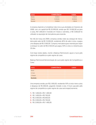 A.R.E. COMPETÊNCIA CAIXA
Receitas 25.000,00 15.000,00
Despesas (10.000,00) (8.000,00)
Resultado 15.000,00 7.000,00
A empresa Aprendi a Contabilizar Ltda inicia suas atividades em fevereiro de
2008, com um capital de R$ 20.000,00; sendo que R$ 10.000,00 vai para
o caixa, R$ 5.000,00 é investido em móveis e utensílios, e R$ 5.000,00 foi
utilizado na aquisição de mercadorias para revenda.
No mês de março de 2008 a empresa vendeu todo seu estoque de merca-
doria pelo valor de R$ 10.000,00, recebendo 40% do valor à vista, e pagou
uma despesa de R$ 5.000,00. Comprou mercadoria para revenda para repor
o estoque no valor de R$ 6.500,00 que pagou 50% à vista e o restante para
30 dias.
Com base nestes dados, monte o Balanço Patrimonial e apure o lucro pelo
regime de competência e pelo regime de caixa.
Balanço Patrimonial Demonstração do Lucro pelo regime de Competência e
Caixa.
A.R.E. COMPETÊNCIA CAIXA
Receita
(-) Custo
(-) Despesa
Resultado
Uma empresa vendeu por R$ 2.000,00, recebendo 50% à vista e teve custos
e despesas de R$ 600,00, pagando metade à vista. O lucro apurado pelo
regime de competência e pelo regime de caixa será respectivamente:
1.	 R$ 1.400,00 e R$ 1.400,00
2.	 R$ 1.400,00 e R$ 700,00
3.	 R$ 2.000,00 e R$ 600,00
4.	 R$ 2.000,00 e R$ 700,00
5.	 R$ 2.000,00 e R$ 1.400,00.
Contabilidade Básica
e-Tec Brasil 244
 
