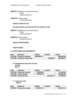 Contabilidade na Construção Civil Francisco Coutinho Chaves
DÉBITO: Resultado de exercícios futuros
Custo
Custos da Obra A
CRÉDITO: Custo orçado
Custos da Obra A
Histórico R$ 83.571,43
Do apartamento com área de 130 m2 vendido à vista
DÉBITO: Resultado de exercícios futuros
Custo
Custos da Obra A
CRÉDITO: Custo orçado
Custos da Obra A
Histórico R$ 96.428,56
FICHA RAZÃO
A. CUSTO OBRA EM ANDAMENTO
Data Histórico Débito Crédito Saldo
31/01/04 Custo já realizado 200.000.00 200.000,00
31/01/04 Custo da venda mês 19.999,99 180.000,01
B. Resultado de Exercício Futuros
Custos
Obra A
Data Histórico Débito Crédito Saldo
31/01/04 Custo das vendas 19.999,98 19.999,98
31/01/04 Custo orçado 179.999,99 199.999,99
31/01/04 Custo do mês 102.597,14 97.402,83
C. Custos do mês
Obra A
Data Histórico Débito Crédito Saldo
31/01/04 Custo das vendas 102.597,14 102.597,14
E-mail:coutinhochaves@secrel.com.br 16
 