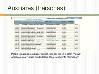 Auxiliares (Personas)
• Para la Creación de cualquier auxiliar debe dar clic en el botón “Nuevo”.
• Aparecerá una ventana donde deberá llenar la siguiente información:
 