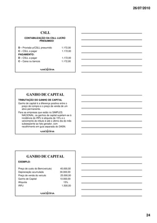 26/07/2010




                    CSLL
     CONTABILIZAÇÃO DA CSLL LUCRO
                PRESUMIDO

D – Provisão p/CSLL presumido           1.172,00
C – CSLL a pagar                        1.172,00
PAGAMENTO:
D – CSLL a pagar                        1.172,00
C – Caixa ou bancos                     1.172,00




       GANHO DE CAPITAL
TRIBUTAÇÃO DO GANHO DE CAPITAL
Ganho de capital é a diferença positiva entre o
   preço de compra e o preço de venda de um
   ativo permanente.
Para as empresas que estão no SIMPLES
   NACIONAL, os ganhos de capital sujeitam-se à
   incidência do IRPJ à alíquota de 15% e o
   vencimento do tributo é até o último dia do mês
   subseqüente ao fato gerador, com
   recolhimento em guia separada do DASN.




       GANHO DE CAPITAL
EXEMPLO:

Preço de custo do Bem(veículo)         45.000,00
Depreciação acumulada                  30.000,00
Preço de venda do veículo              25.000,00
Ganho de Capital                       10.000,00
Alíquota                                  15%
IRPJ                                    1.500,00




                                                            24
 