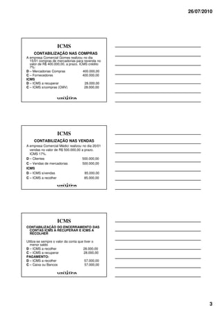 26/07/2010




                    ICMS
    CONTABILIZAÇÃO NAS COMPRAS
A empresa Comercial Gomes realizou no dia
  15/01 compras de mercadorias para revenda no
  valor de R$ 400.000,00, a prazo. ICMS crédito
  7%:
D – Mercadorias Compras              400.000,00
C – Fornecedores                     400.000,00
ICMS
D – ICMS a recuperar                  28.000,00
C – ICMS s/compras (CMV)              28.000,00




                    ICMS
     CONTABILIZAÇÃO NAS VENDAS
A empresa Comercial Médici realizou no dia 20/01
  vendas no valor de R$ 500.000,00 a prazo.
  ICMS 17%.
D – Clientes                        500.000,00
C – Vendas de mercadorias           500.000,00
ICMS
D – ICMS s/vendas                    85.000,00
C – ICMS a recolher                  85.000,00




                    ICMS
CONTABILIZAÇÃO DO ENCERRAMENTO DAS
 CONTAS ICMS A RECUPERAR E ICMS A
 RECOLHER

Utiliza-se sempre o valor da conta que tiver o
  menor saldo
D – ICMS a recolher                   28.000,00
C – ICMS a recuperar                  28.000,00
PAGAMENTO:
D – ICMS a recolher                    57.000,00
C – Caixa ou Bancos                    57.000,00




                                                           3
 