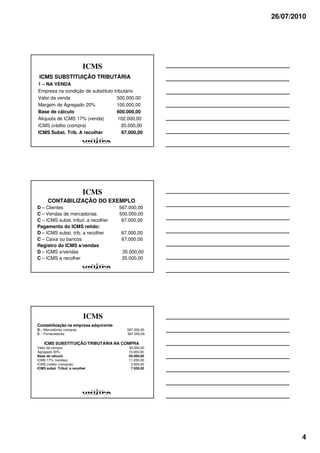 26/07/2010




                            ICMS
 ICMS SUBSTITUIÇÃO TRIBUTÁRIA
1 – NA VENDA
Empresa na condição de substituto tributário
Valor da venda                      500.000,00
Margem de Agregado 20%              100.000,00
Base de cálculo                     600.000,00
Alíquota de ICMS 17% (venda)        102.000,00
ICMS crédito (compra)                 35.000,00
ICMS Subst. Trib. A recolher          67.000,00




                            ICMS
      CONTABILIZAÇÃO DO EXEMPLO
D – Clientes                            567.000,00
C – Vendas de mercadorias               500.000,00
C – ICMS subst. tribut. a recolher       67.000,00
Pagamento do ICMS retido:
D – ICMS subst. trib. a recolher        67.000,00
C – Caixa ou bancos                     67.000,00
Registro do ICMS s/vendas
D – ICMS s/vendas                        35.000,00
C – ICMS a recolher                      35.000,00




                            ICMS
Contabilização na empresa adquirente:
D – Mercadorias compras                    567.000,00
C – Fornecedores                           567.000,00

    ICMS SUBSTITUIÇÃO TRIBUTÁRIA NA COMPRA
Valor da compra                            50.000,00
Agregado 30%                               15.000,00
Base de cálculo                            65.000,00
ICMS 17% (vendas)                          11.050,00
ICMS crédito (compras)                      3.500,00
ICMS subst. Tribut. a recolher              7.550,00




                                                                4
 