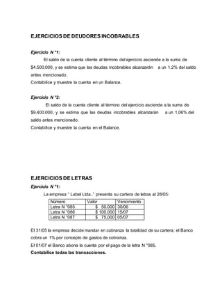 EJERCICIOS DE DEUDORES INCOBRABLES
Ejercicio N °1:
El saldo de la cuenta cliente al término del ejercicio asciende a la suma de
$4.500.000, y se estima que las deudas incobrables alcanzarán a un 1,2% del saldo
antes mencionado.
Contabilice y muestre la cuenta en un Balance.
Ejercicio N °2:
El saldo de la cuenta cliente al término del ejercicio asciende a la suma de
$9.400.000, y se estima que las deudas incobrables alcanzarán a un 1,06% del
saldo antes mencionado.
Contabilice y muestre la cuenta en el Balance.
EJERCICIOS DE LETRAS
Ejercicio N °1:
La empresa “ Label Ltda..” presenta su cartera de letras al 28/05:
Número Valor Vencimiento
Letra N °085 $ 50.000 30/06
Letra N °086 $ 100.000 15/07
Letra N °087 $ 75.000 05/07
El 31/05 la empresa decide mandar en cobranza la totalidad de su cartera; el Banco
cobra un 1% por concepto de gastos de cobranza.
El 01/07 el Banco abona la cuenta por el pago de la letra N °085.
Contabilice todas las transacciones.
 