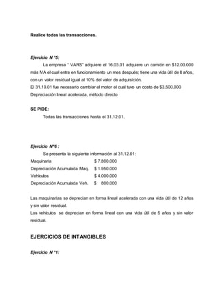 Realice todas las transacciones.
Ejercicio N °5:
La empresa “ VARS” adquiere el 16.03.01 adquiere un camión en $12.00.000
más IVA el cual entra en funcionamiento un mes después; tiene una vida útil de 8 años,
con un valor residual igual al 10% del valor de adquisición.
El 31.10.01 fue necesario cambiar el motor el cual tuvo un costo de $3.500.000
Depreciación lineal acelerada, método directo
SE PIDE:
Todas las transacciones hasta el 31.12.01.
Ejercicio Nª6 :
Se presenta la siguiente información al 31.12.01:
Maquinaria $ 7.800.000
Depreciación Acumulada Maq. $ 1.950.000
Vehículos $ 4.000.000
Depreciación Acumulada Veh. $ 800.000
Las maquinarias se deprecian en forma lineal acelerada con una vida útil de 12 años
y sin valor residual.
Los vehículos se deprecian en forma lineal con una vida útil de 5 años y sin valor
residual.
EJERCICIOS DE INTANGIBLES
Ejercicio N °1:
 