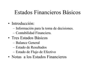 Estados Financieros Básicos Introducción:  Información para la toma de decisiones. Contabilidad Financiera. Tres Estados Básicos Balance General Estado de Resultados Estado de Flujo de Efectivo Notas  a los Estados Financieros 