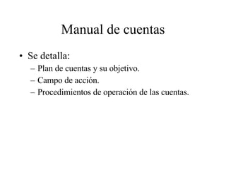 Manual de cuentas Se detalla: Plan de cuentas y su objetivo. Campo de acción. Procedimientos de operación de las cuentas. 