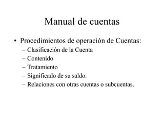 Manual de cuentas Procedimientos de operación de Cuentas: Clasificación de la Cuenta Contenido Tratamiento Significado de su saldo. Relaciones con otras cuentas o subcuentas. 