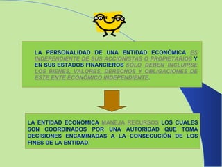 LA PERSONALIDAD DE UNA ENTIDAD ECONÓMICA  ES INDEPENDIENTE   DE SUS ACCIONISTAS O PROPIETARIOS   Y EN SUS ESTADOS FINANCIEROS  SÓLO  DEBEN  INCLUIRSE LOS BIENES, VALORES, DERECHOS Y OBLIGACIONES DE ESTE ENTE ECONÓMICO INDEPENDIENTE .  LA ENTIDAD ECONÓMICA  MANEJA RECURSOS   LOS CUALES SON COORDINADOS POR UNA AUTORIDAD QUE TOMA DECISIONES ENCAMINADAS A LA CONSECUCIÓN DE LOS FINES DE LA ENTIDAD .   